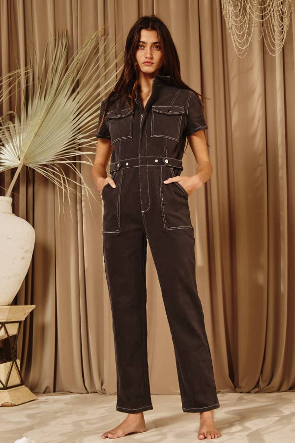 IR5229 Utility Stretched Denim Jumpsuit: S-M-L (2-2-2) / CHARCOAL