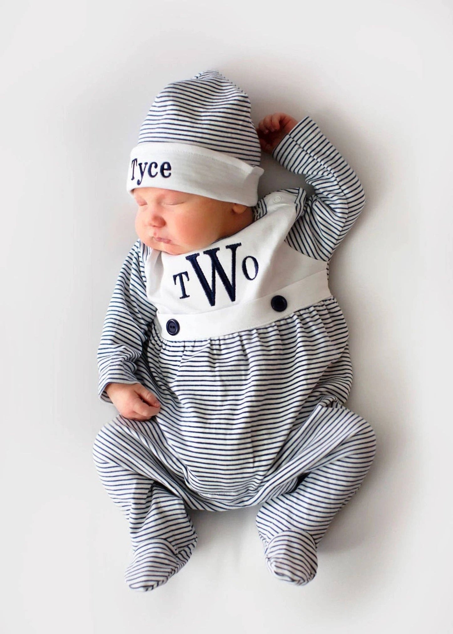 SK Blanks - Navy Mini Stripe Bib Front Footie