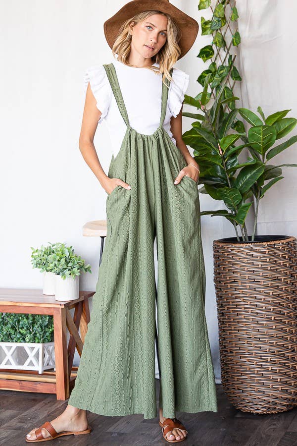 R5104B Wide Leg Solid Stretched Eyelet Lace Suspender Pants: S-M-L (2-2-2) / OLIVE