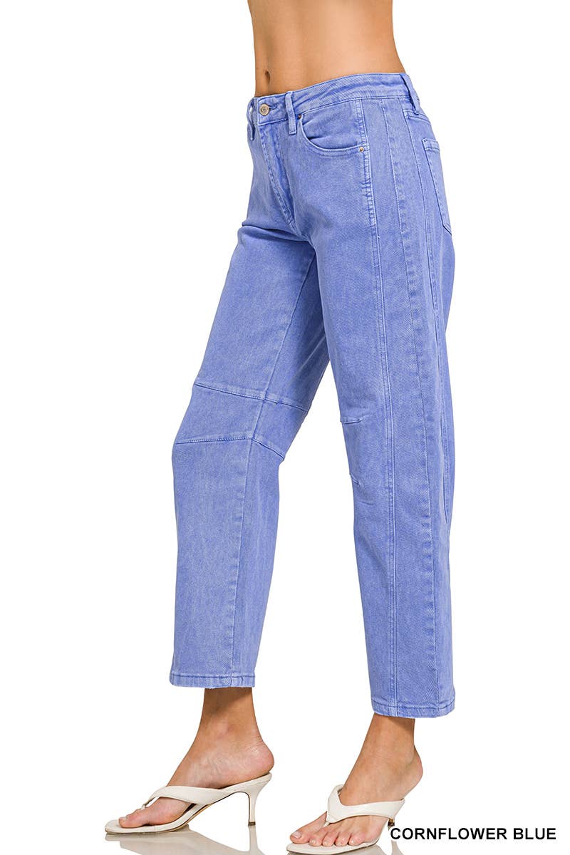 42POPS -  High Rise Barrel Leg Color Denim Pants - Zenana