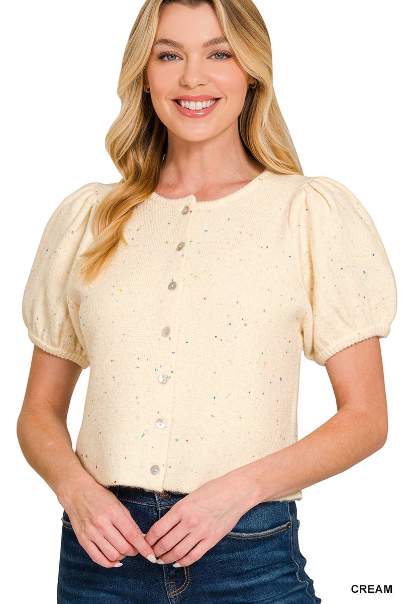 42POPS -  Puff Sleeve Cardigan Sweater - Zenana