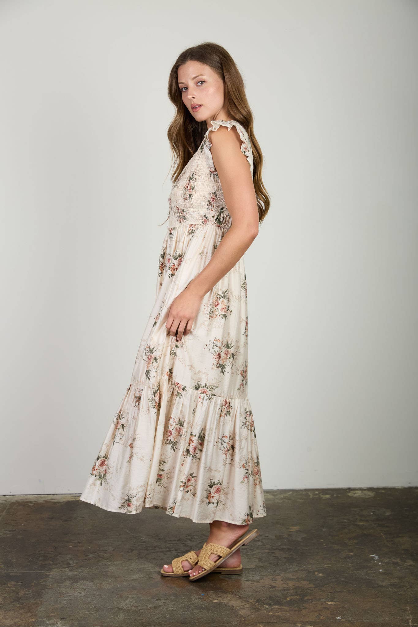 MINE - ROSE PRINT SMOCKED V NECK BUTTON DOWN MIDI DRESS