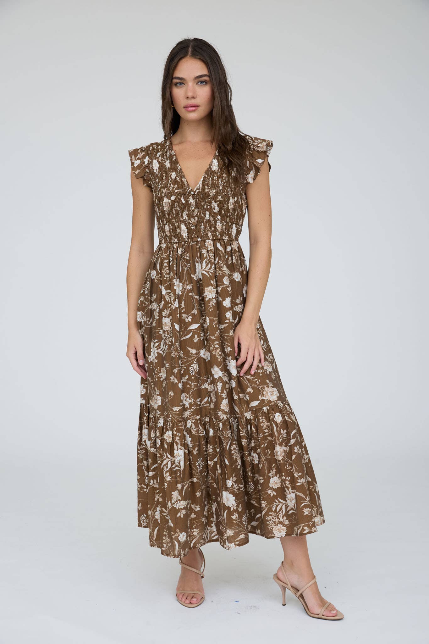 MINE - FLORAL SMOCKED V NECK BUTTON DOWN MIDI DRESS