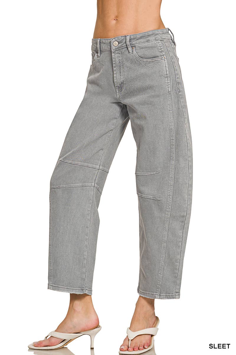 42POPS -  High Rise Barrel Leg Color Denim Pants - Zenana