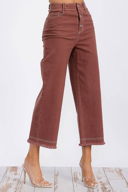BUTTON CLOSURE POCKETS WIDE LEG DENIM PANTS - Rust