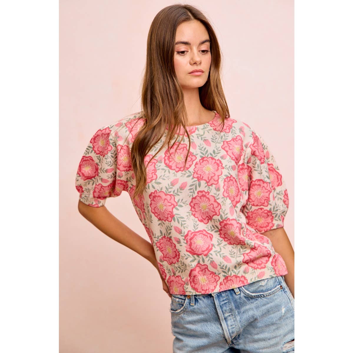 BiBi - FLOWER PRINTED PUFF SLEEVES KNIT TOP