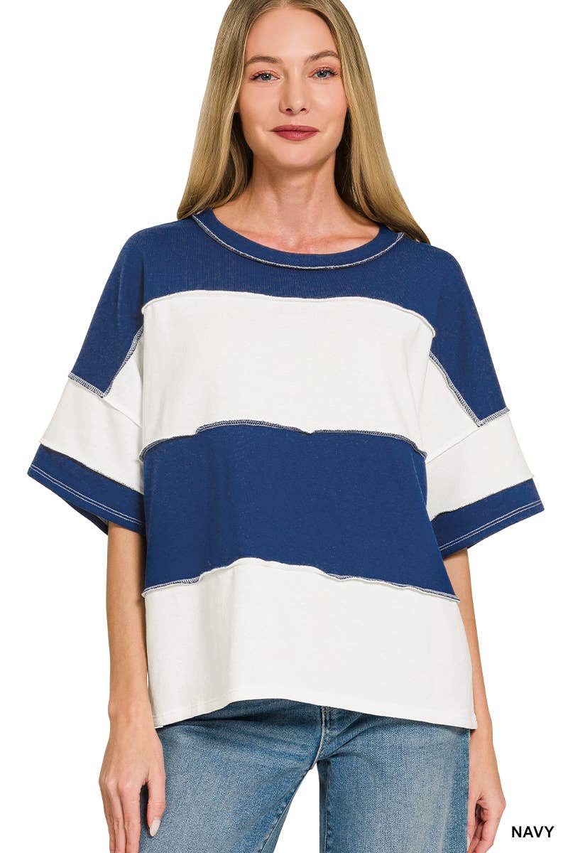 42POPS -  French Terry Color Block Exposed Seam Top - Zenana
