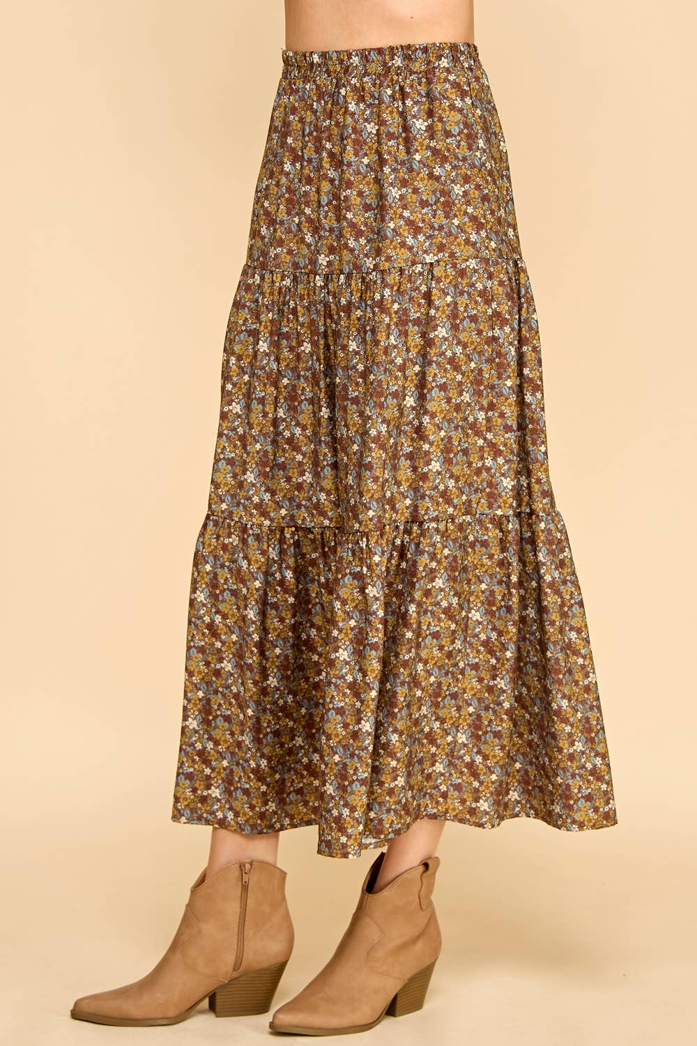 The Boho Side Of Me Brown Floral Tiered Maxi Skirt