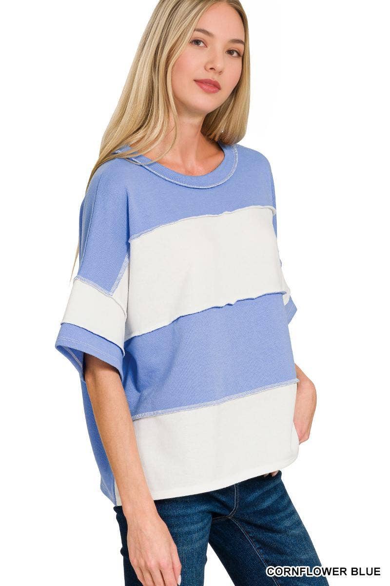42POPS -  French Terry Color Block Exposed Seam Top - Zenana