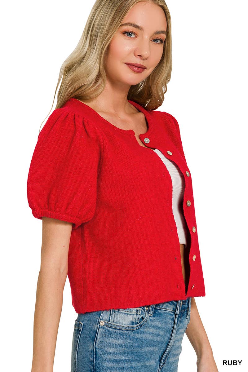 42POPS -  Puff Sleeve Cardigan Sweater - Zenana
