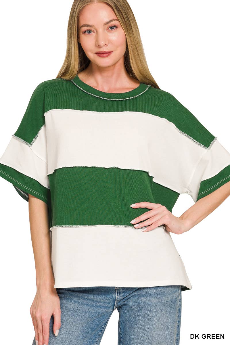 42POPS -  French Terry Color Block Exposed Seam Top - Zenana