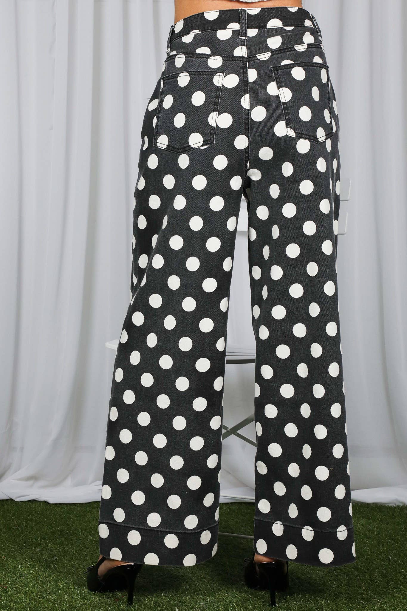 Vine & Love - Polka Dot Straight Leg Cotton Denim Span Pants VP83369B