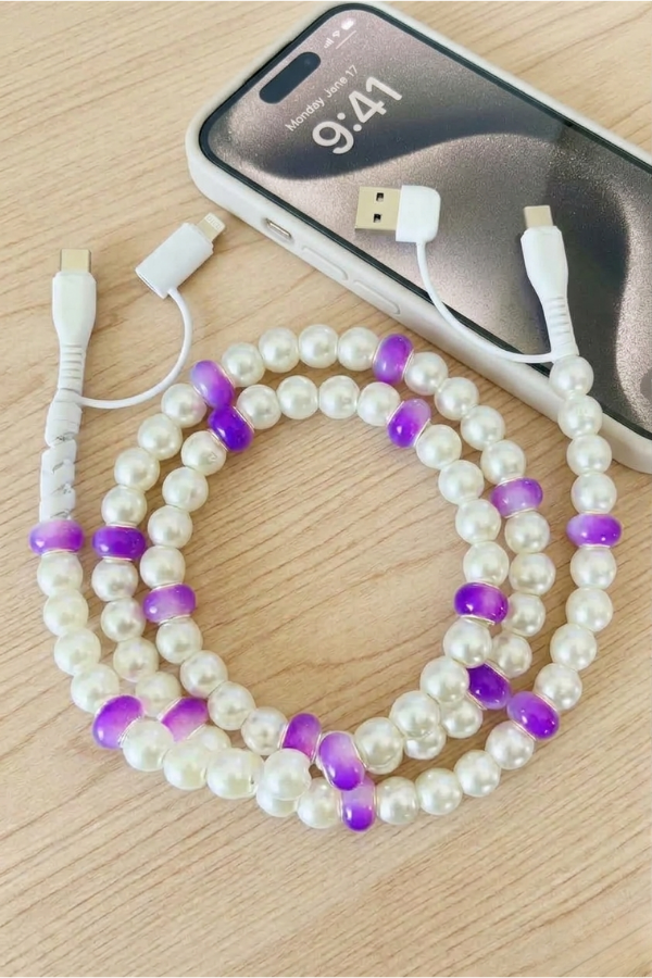 Nash Grey - Purple and White Pearl Beaded Charging Cord
