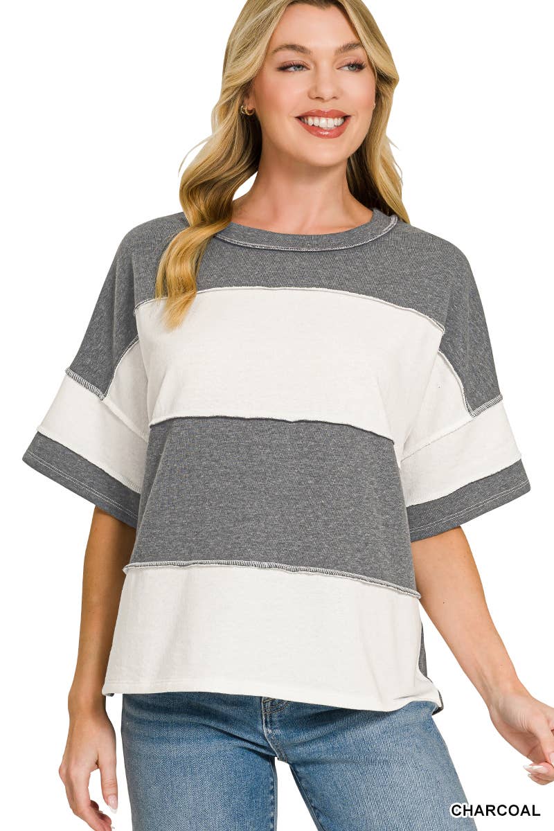 42POPS -  French Terry Color Block Exposed Seam Top - Zenana