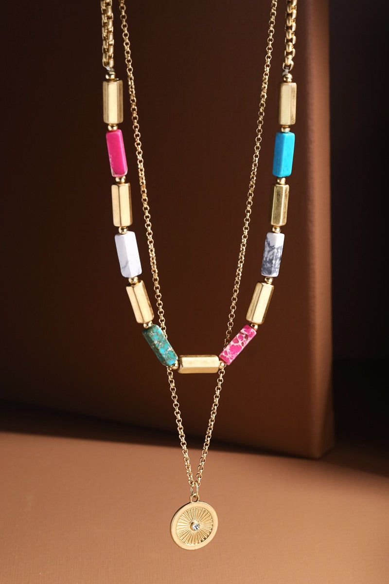 Layered Natural Stone Necklace With Pendant