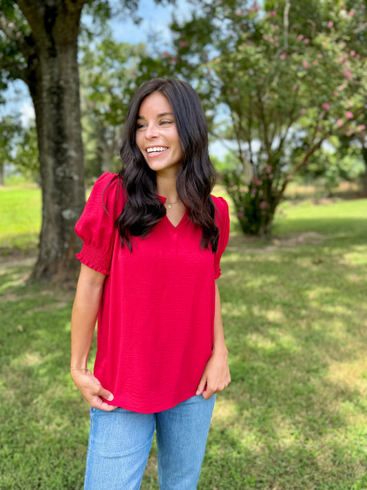Walk this way Solid Top Ruffled V Neck with Smocked Sleeves - Red