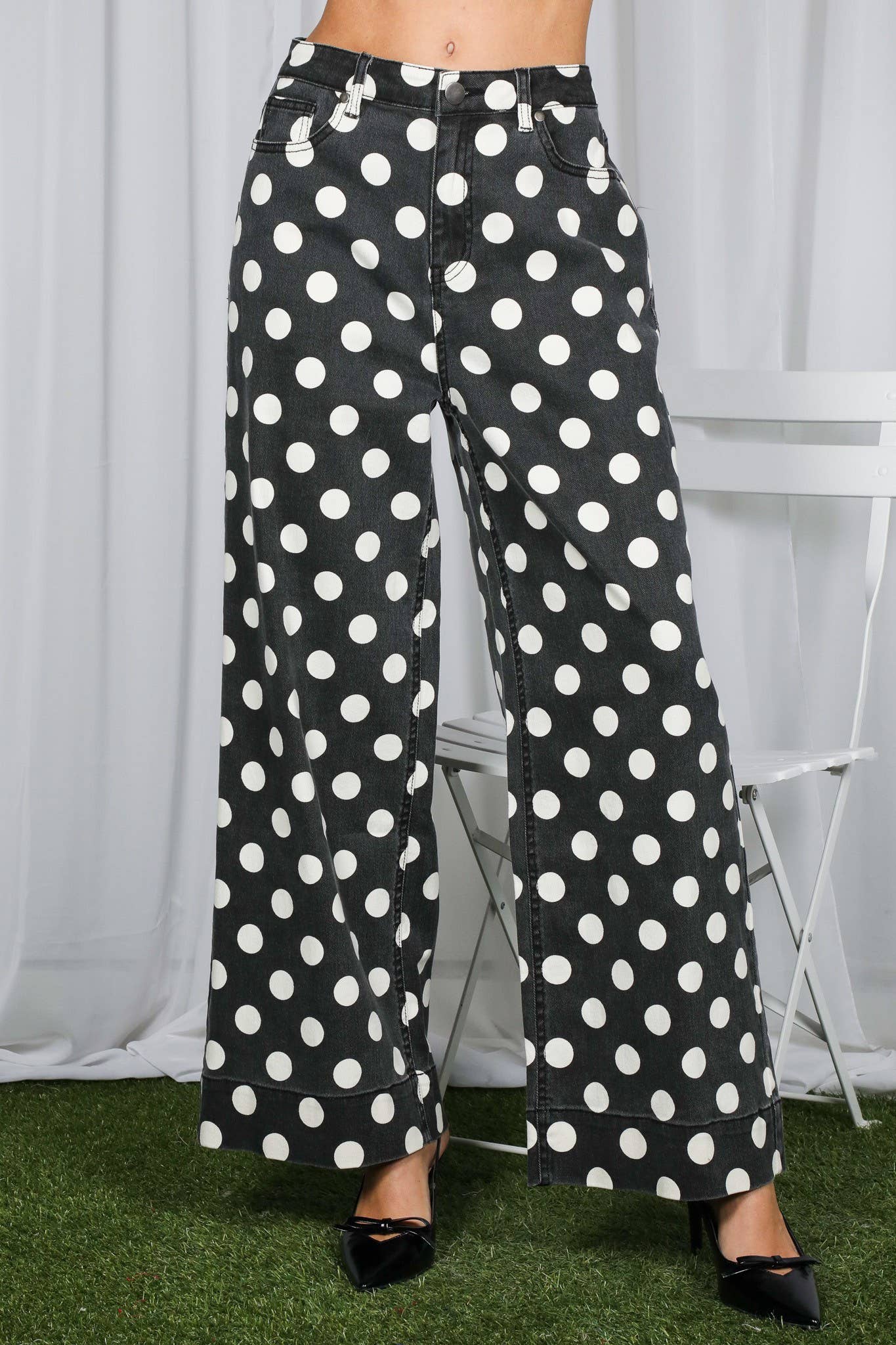 Vine & Love - Polka Dot Straight Leg Cotton Denim Span Pants VP83369B