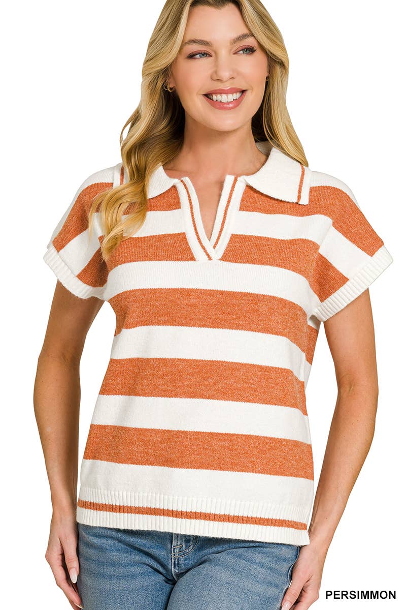 42POPS - `Striped Collared Short Sleeve Sweater  Zenana