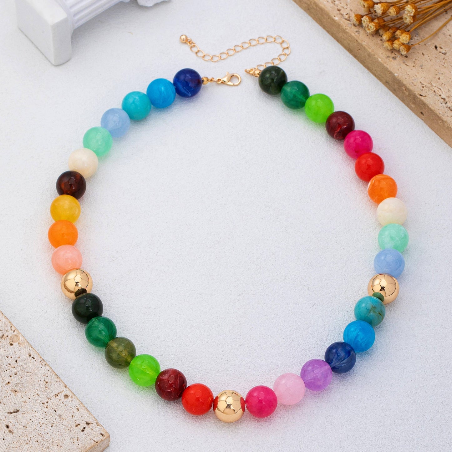 JOSSLYN by wall to wall - Rainbow Marbled Resin Bead Necklace | 80N93447