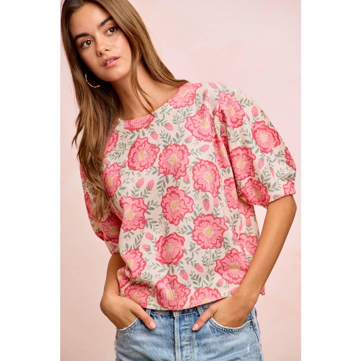BiBi - FLOWER PRINTED PUFF SLEEVES KNIT TOP