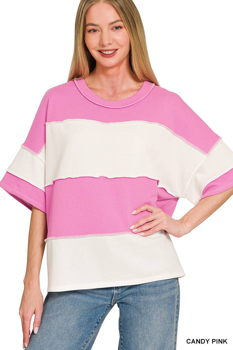 42POPS -  French Terry Color Block Exposed Seam Top - Zenana