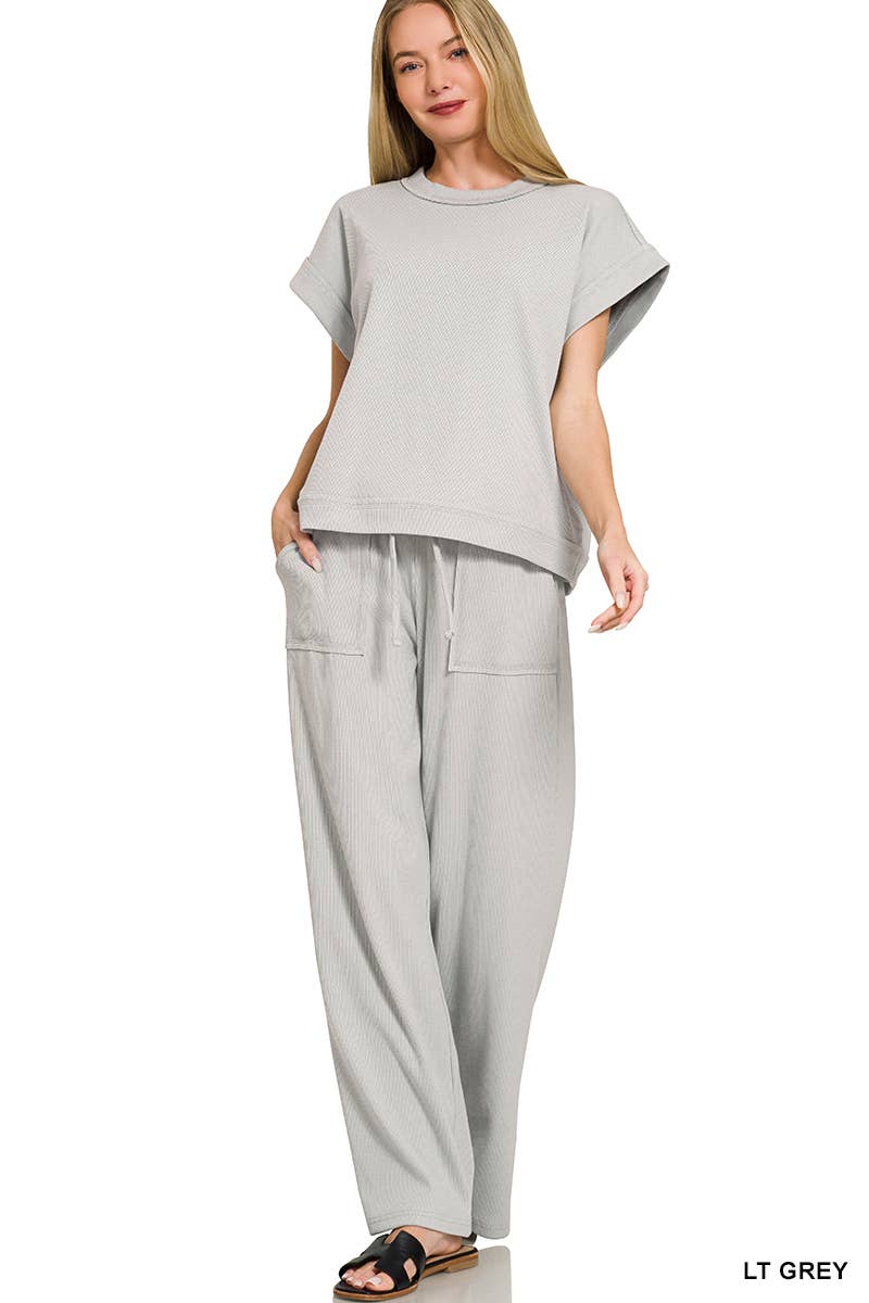 42POPS -  Ribbed Short Sleeve Tee & Pants 2PC Set - Zenana