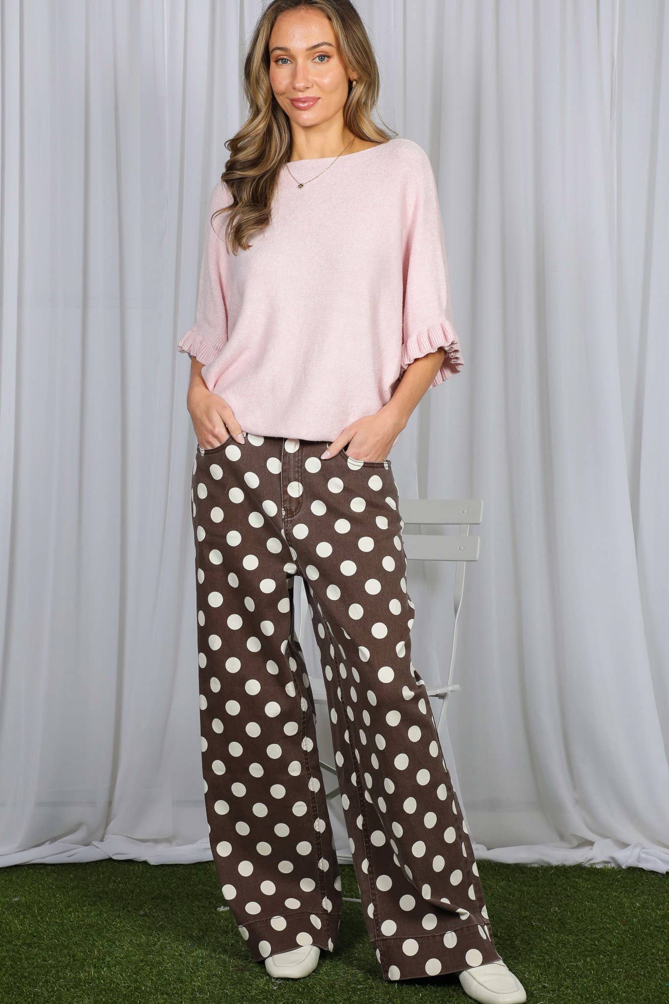 Vine & Love - Polka Dot Straight Leg Cotton Denim Span Pants VP83369B