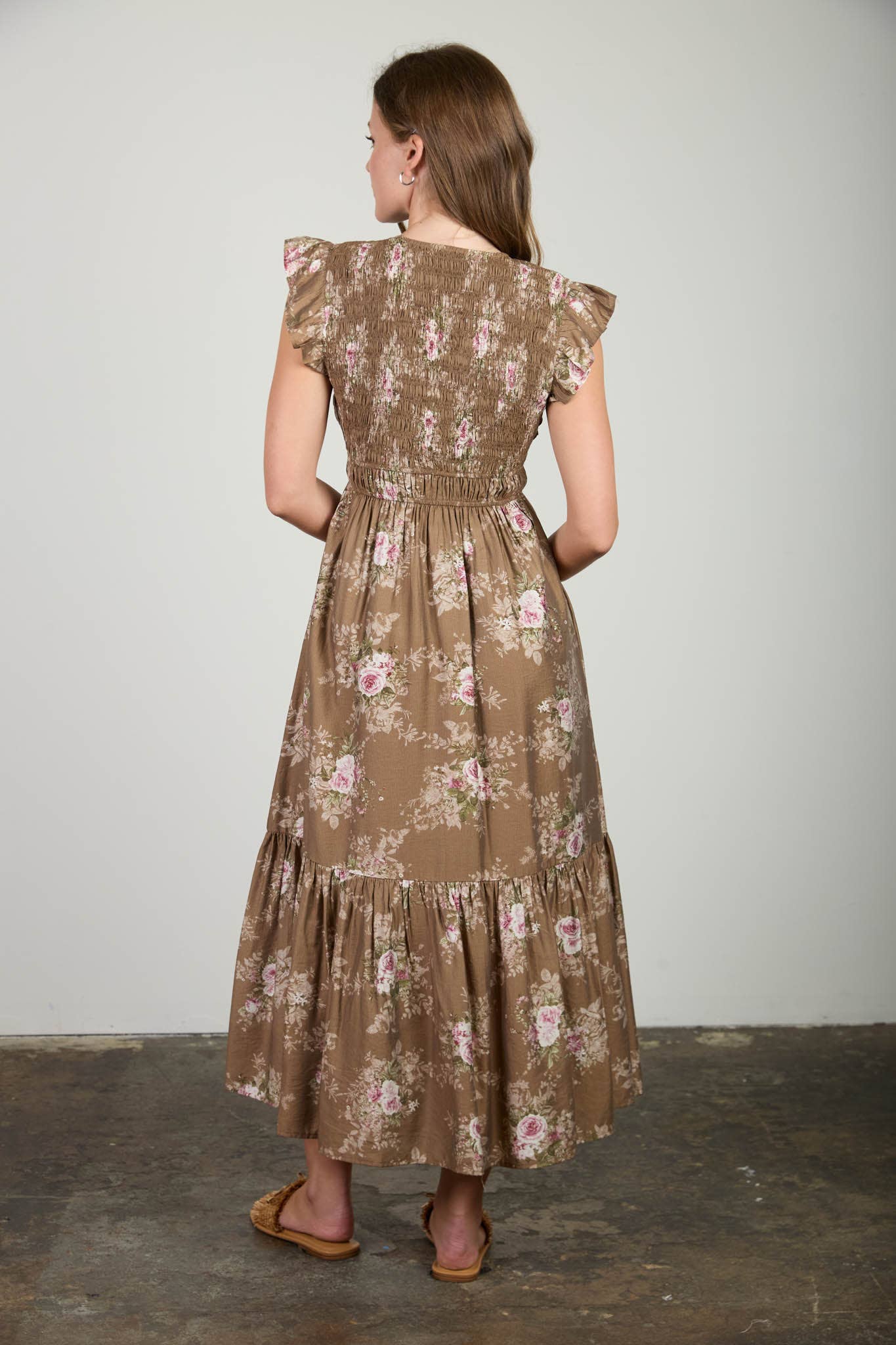 MINE - ROSE PRINT SMOCKED V NECK BUTTON DOWN MIDI DRESS