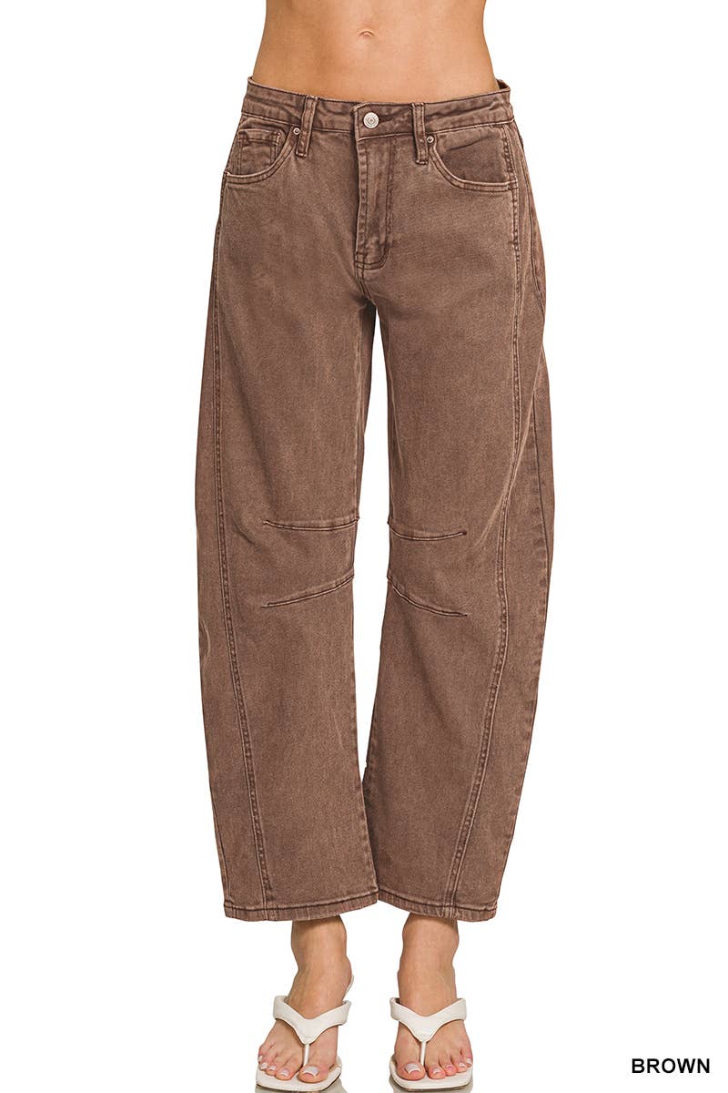 42POPS -  High Rise Barrel Leg Color Denim Pants - Zenana