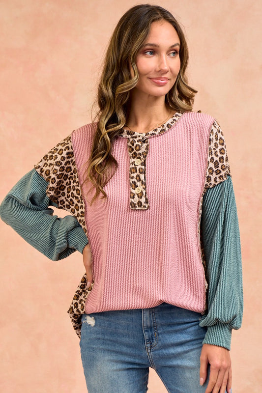 Stand By Me Animal Print Solid Rib Top