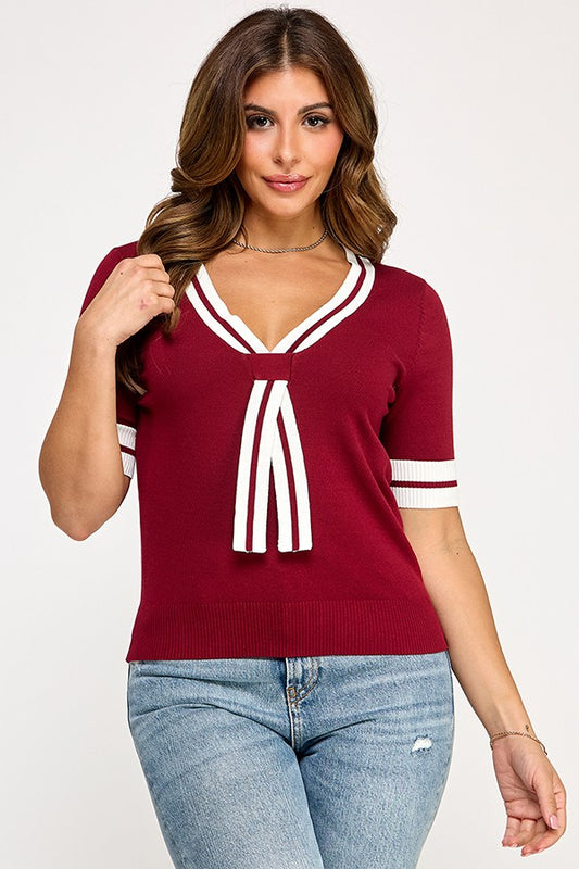 Fall Starter Striped Trim Short Sleeve Tie Detail Sweater Top - Wine
