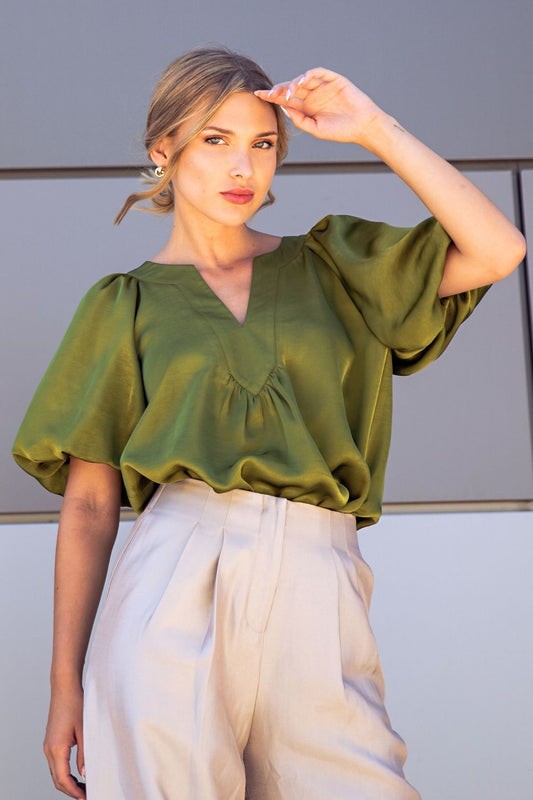 Crowd Stares V Neck Puff Sleeve Top - Olive
