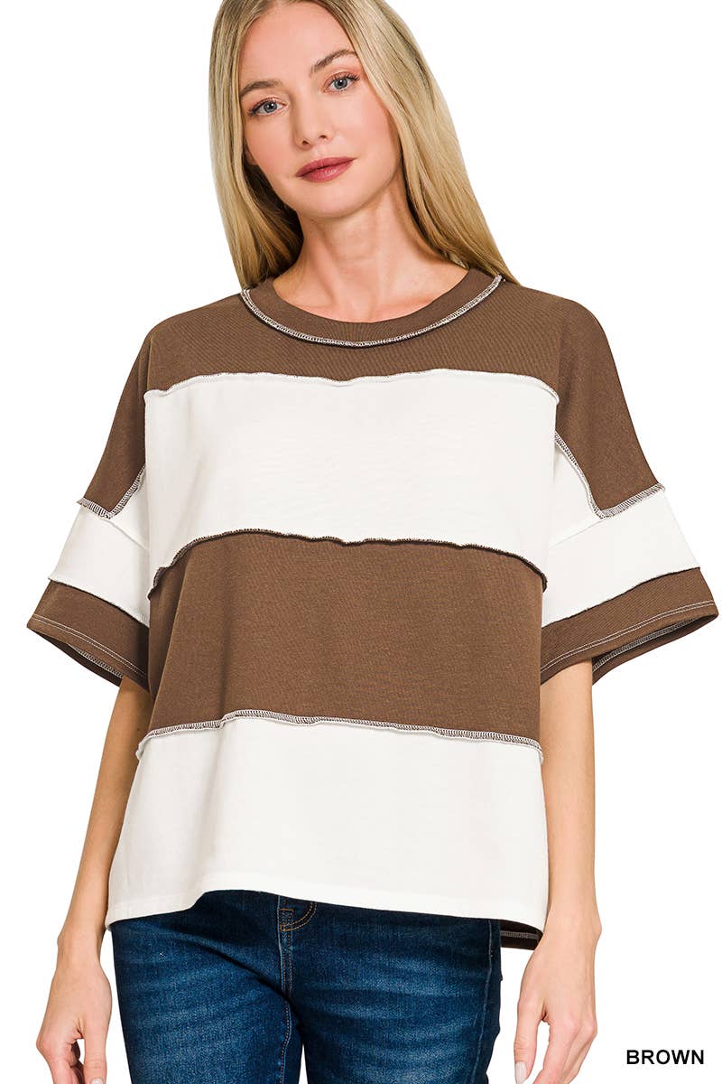 42POPS -  French Terry Color Block Exposed Seam Top - Zenana