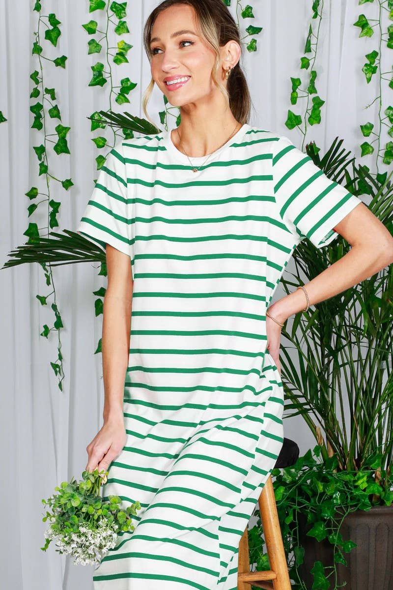 Vine & Love - Crew Neck Striped Cotton T-Shirt Maxi Dress VD82246