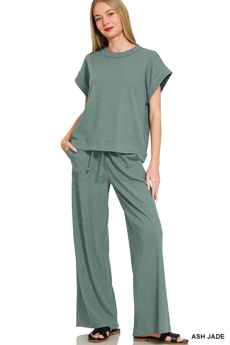 42POPS -  Ribbed Short Sleeve Tee & Pants 2PC Set - Zenana