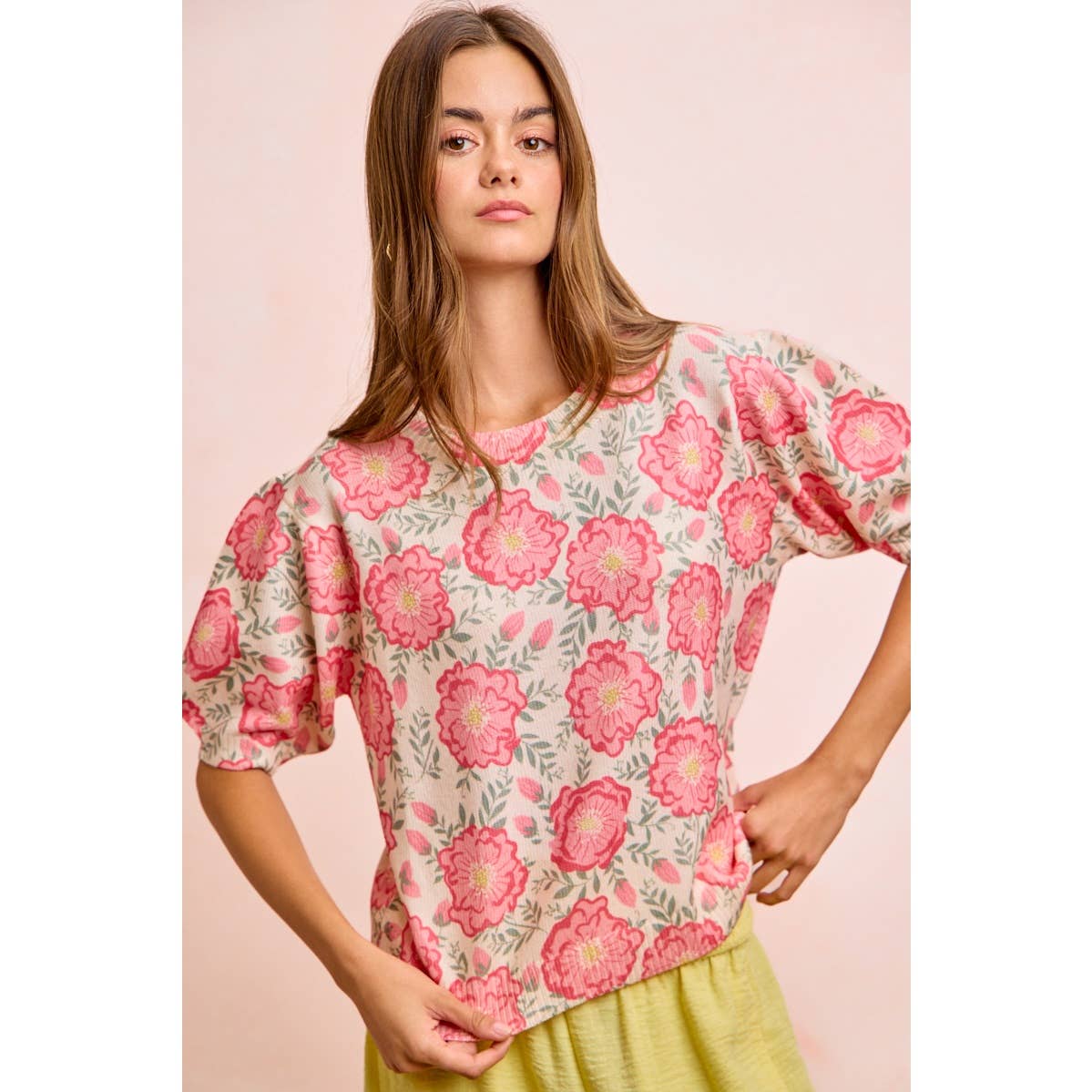 BiBi - FLOWER PRINTED PUFF SLEEVES KNIT TOP