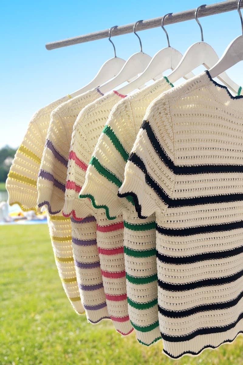 Vine & Love - Scallop Edge Crew Neck Striped Crochet Sweater Top VT82239