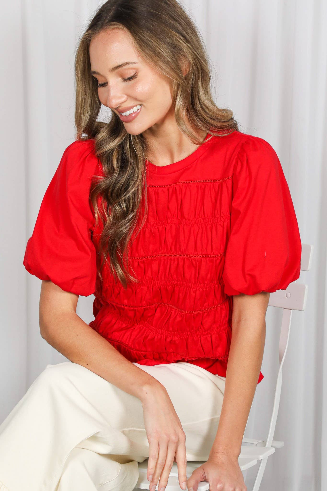 Vine & Love - Elasticized Smocked & Trim Accent 100% Cotton Top VT83194