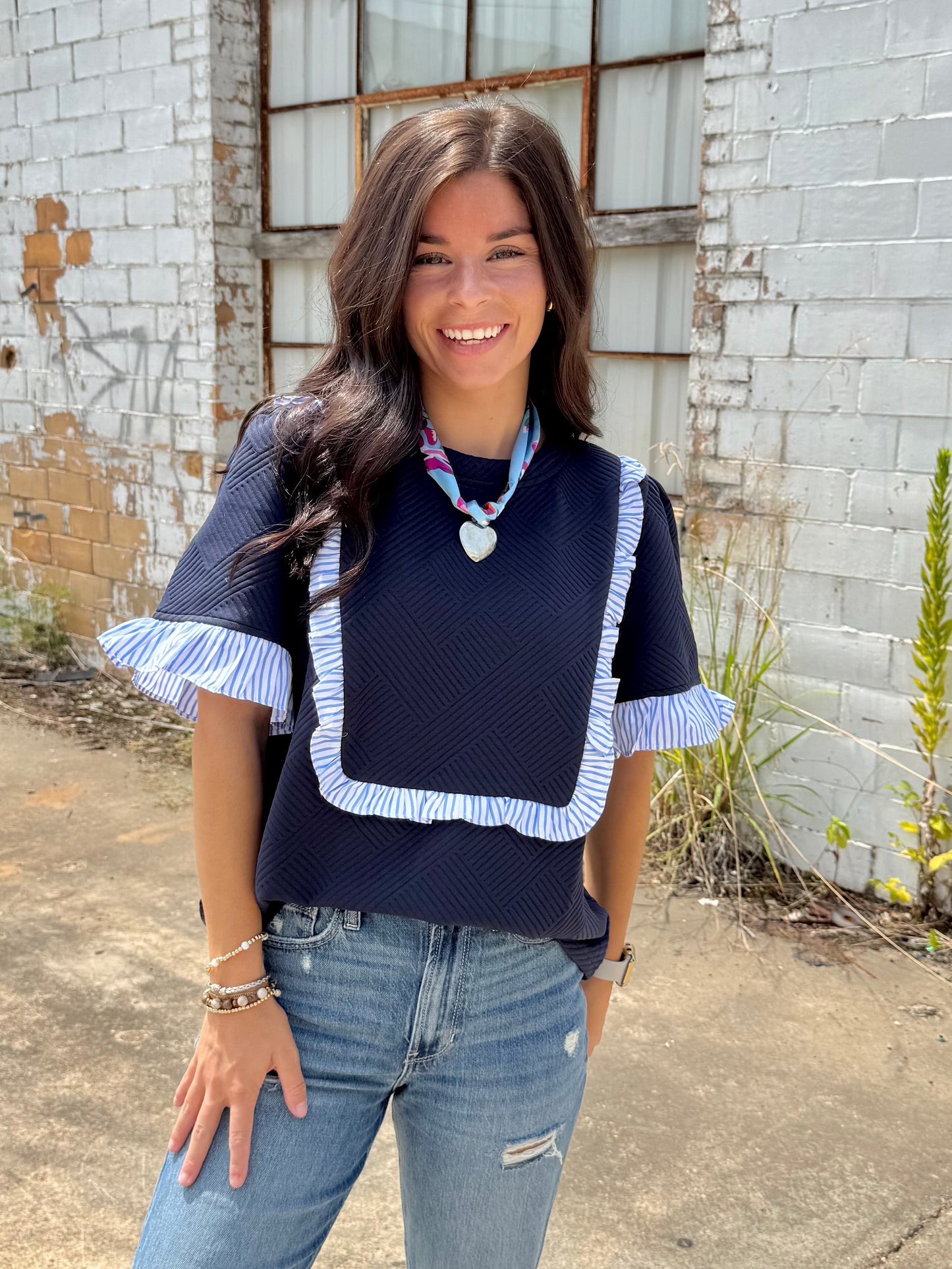 Camille Striped Ruffle Detail Quilted Knit Top - Navy