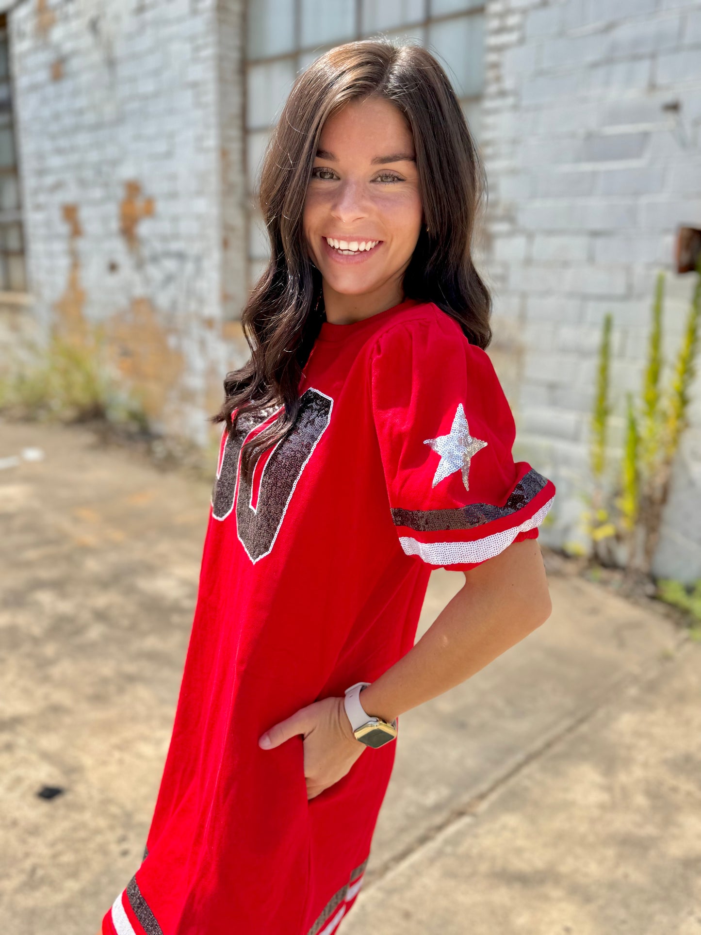 Game Day Sequin Trim Dress - Red