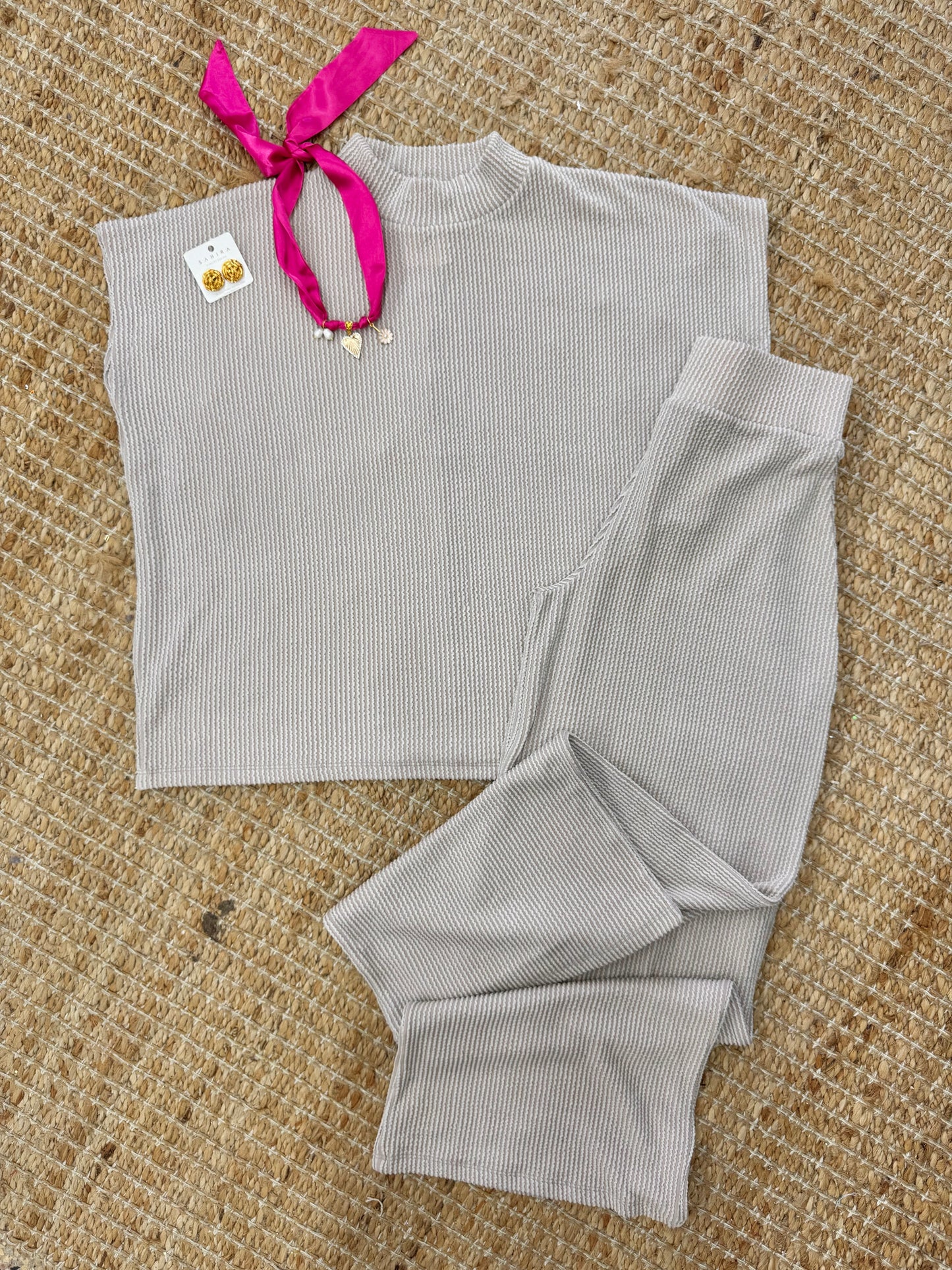 Lets Go 2 pc Ribbed Pant Set - Oatmeal