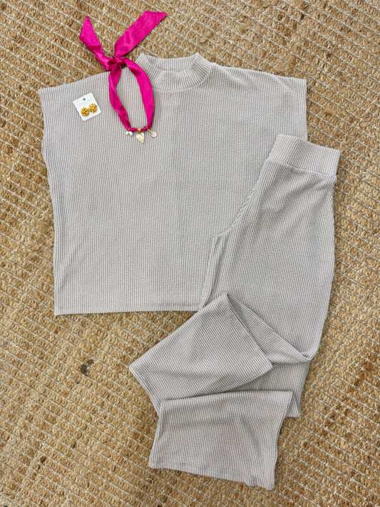 Lets Go 2 pc Ribbed Pant Set - Oatmeal