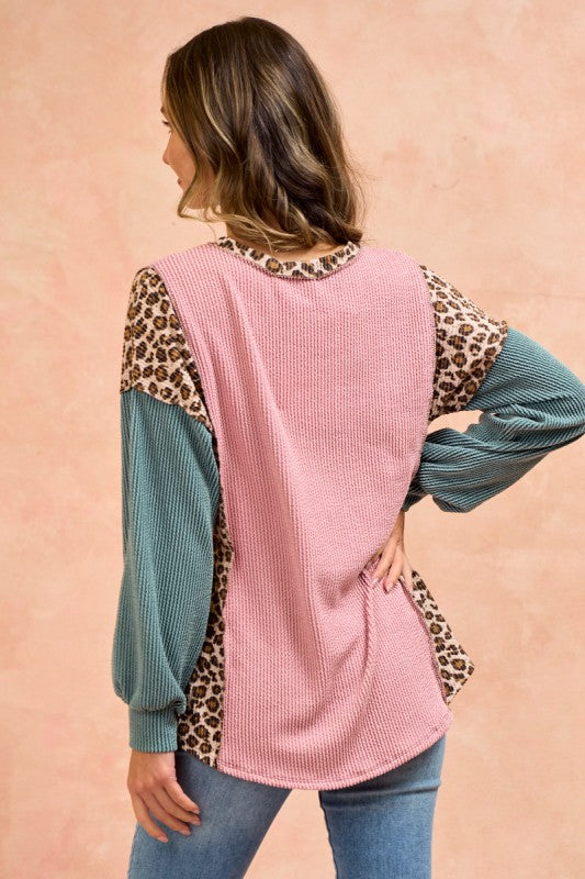 Stand By Me Animal Print Solid Rib Top