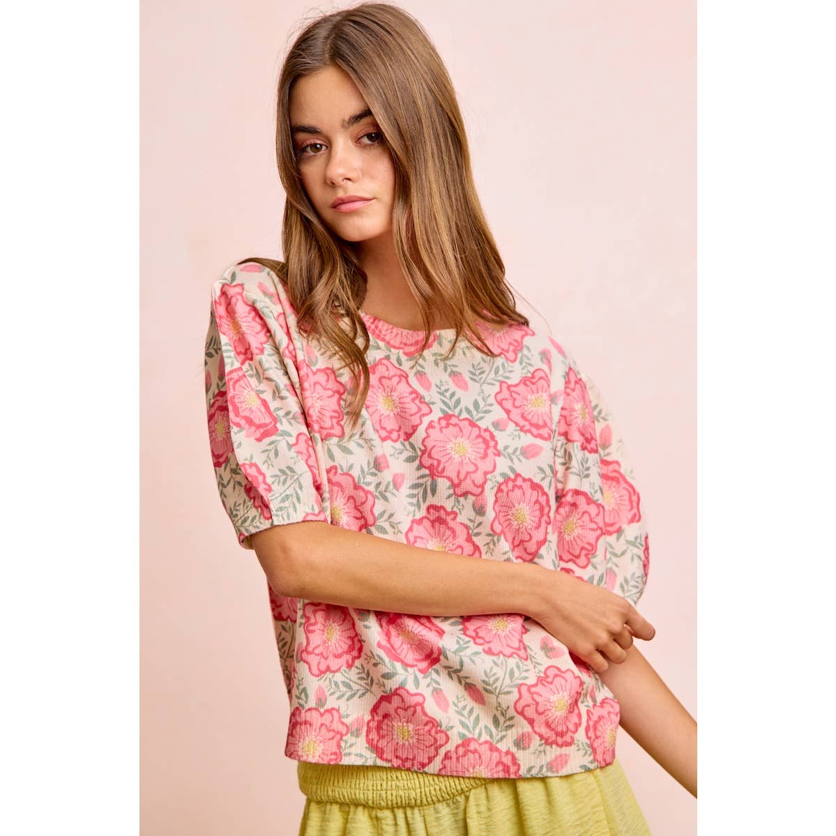 BiBi - FLOWER PRINTED PUFF SLEEVES KNIT TOP