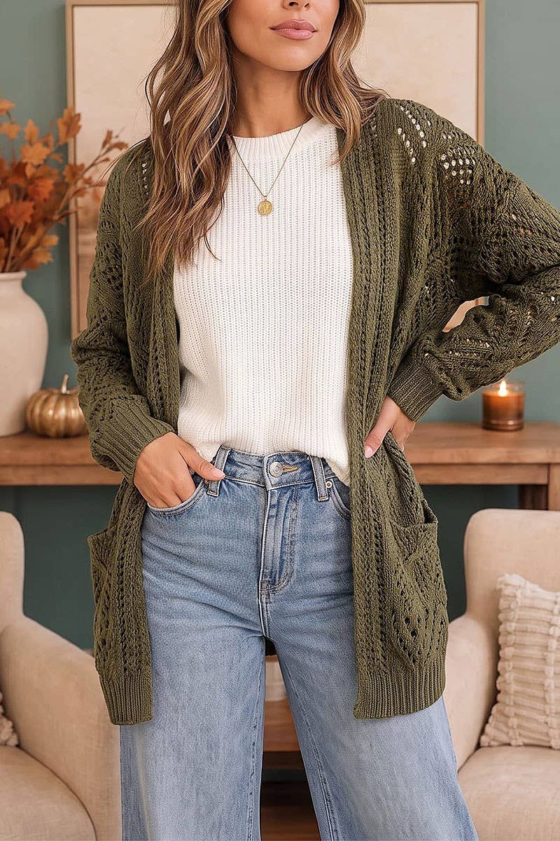 ROUSSEAU - Olive Open Knit Oversized Cardigan