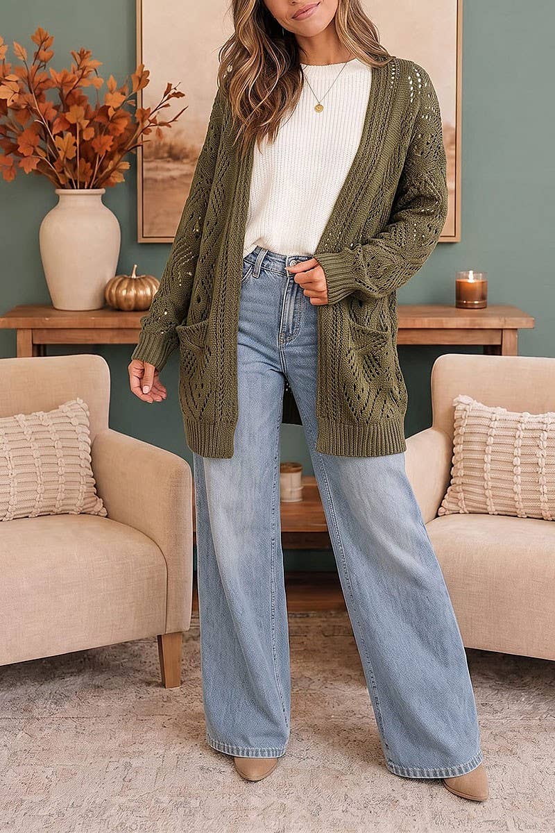 ROUSSEAU - Olive Open Knit Oversized Cardigan