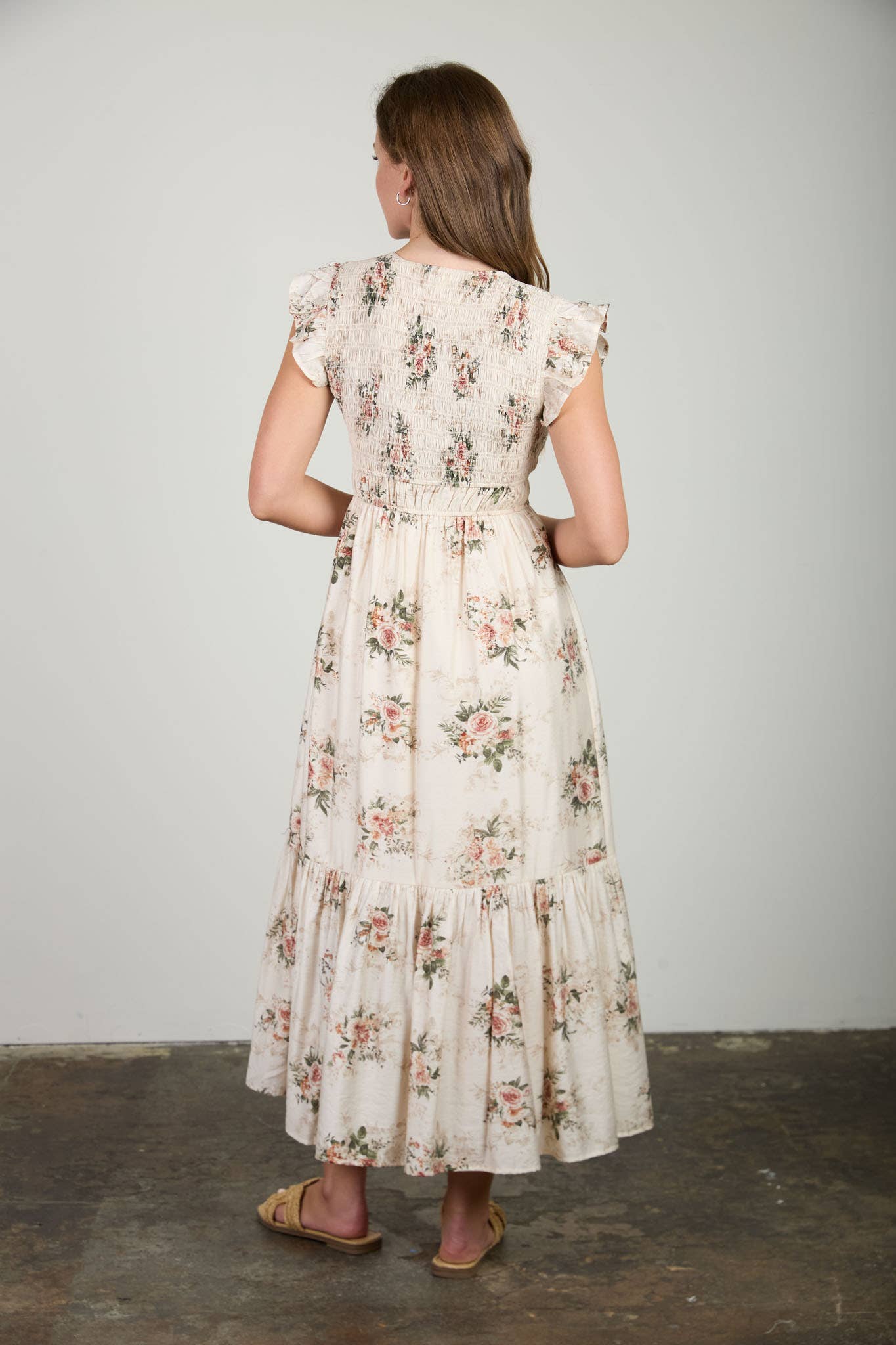 MINE - ROSE PRINT SMOCKED V NECK BUTTON DOWN MIDI DRESS