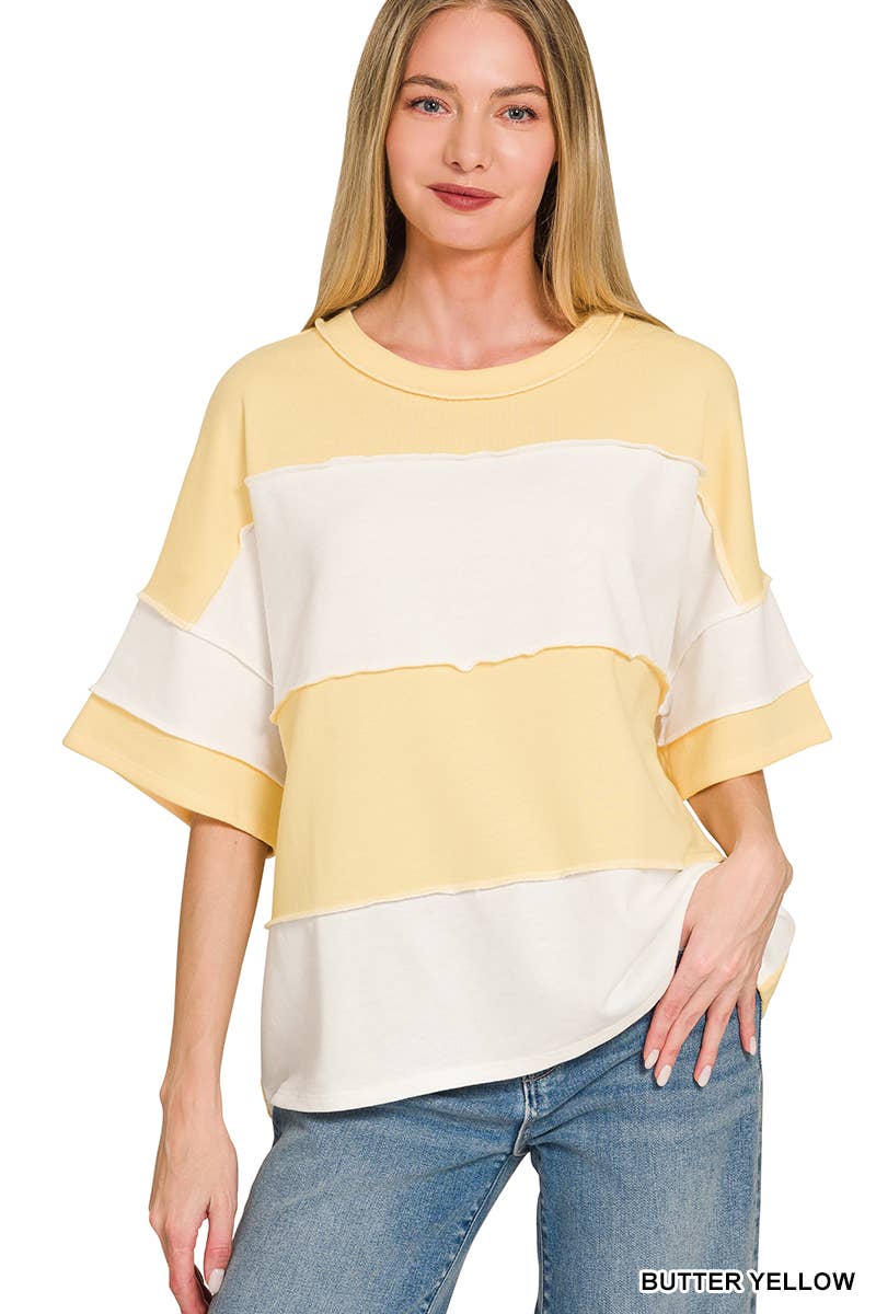 42POPS -  French Terry Color Block Exposed Seam Top - Zenana