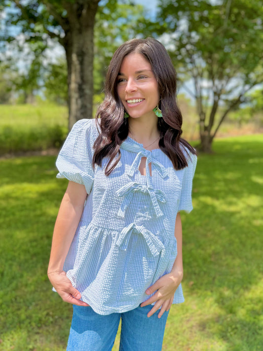 Phoebes pin stripe puff sleeves top with tie bow - Sage