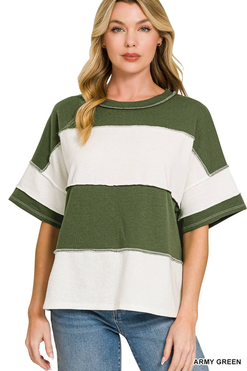 42POPS -  French Terry Color Block Exposed Seam Top - Zenana